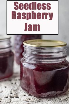 homemade seedless raspberry jam in a mason jar