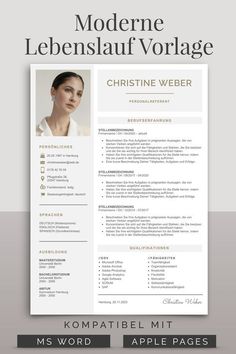 Bewerbungsvorlage Lebenslauf Vorlage Application Template German für Word und Pages mit Anschreiben, Deckblatt, Anlagen