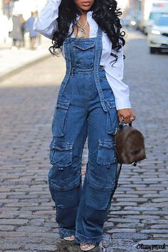 Olivia Mark - Contemporary Denim Jumpsuit with Spaghetti Straps, Patchwork Detailing, and Backless Design Denim Style Casual, Stretch Denim Fabric, All Jeans, Backless Design, Mode Inspo, Denim Style, Fall Fashion Outfits, Denim Jumpsuit, Looks Style