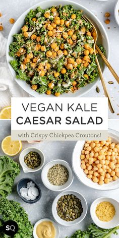 vegan kale caesar salad with crispy chickpeas and croutons