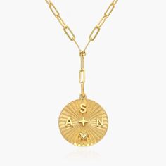 Tyra Initial Medallion Necklace - Gold Vermeil Gold Compass Necklace, Letters Symbols, Engraved Compass, Cuban Link Chain Necklaces, Compass Necklace, Stylish Necklace, Anniversary Jewelry, Mom Jewelry, Medallion Necklace