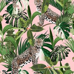 a leopard and palm leaves pattern on a pink background