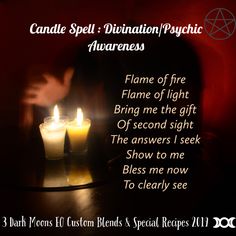 two candles sitting on top of a table with the words candle spell diction psychic awareness