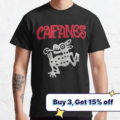 a man wearing a black t - shirt with the words capanes printed on it