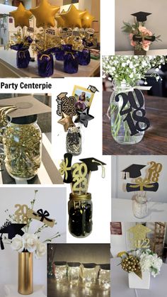 there are many pictures of graduation decorations in vases on the table and at the party centerpiece