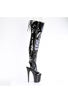 8" Heel, 4" Platform Open Toe/Heel Stretch Thigh Boot, Side Zipper - Fit Guide: True to Size - Heel: 8" Heel, 4" Platform - Brand: Pleaser - Country of Origin: Imported Black Thigh-high Platform Boots For Club, Black Thigh High Platform Boots For Club, Punk Thigh-high Platform Boots For Party, Black High Shaft Platform Boots, Black Gothic Platform Boots For Club, Gothic Black Platform Boots For Club, Black High-cut Knee-high Boots For Party, High Cut Black Platform Boots For Club, Black High Cut Heeled Boots For Party