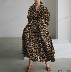 Casual High-Waisted Easy-Fit Dress for Women's Clothing Long Sleeve Leopard Print Maxi Dress For Spring, Fall Brunch Dresses With Pockets, Casual Leopard Print Maxi Dress For Fall, Yellow Print, Fit Dress, Daily Dress, Polo Collar, Dress For Women, Fitted Dress