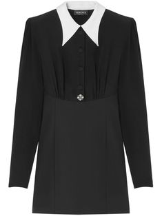 black pearl detailing front button fastening straight-point collar long sleeves straight hem thigh-length Classic Semi-formal Mini Dress, Classic Mini Dress For Semi-formal Occasions, Long-sleeved Evening Blazer Dress With Buttons, Evening Long Sleeve Blazer Dress With Hidden Button Closure, Elegant Long Sleeve Mini Dress With Hidden Buttons, Luxury Long Sleeve Mini Dress For Work, Formal Long Sleeve Dresses With Hidden Button Closure, Formal Mini Dress With Hidden Button Closure, Elegant Collared Mini Dress For Night Out