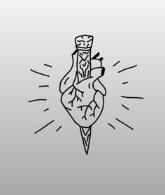 a black and white drawing of a heart with a pen in it's hand