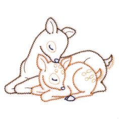 two animals that are sitting next to each other on a white surface and one is holding the other's head