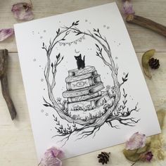 a drawing of a cat sitting on top of a stack of books with flowers around it