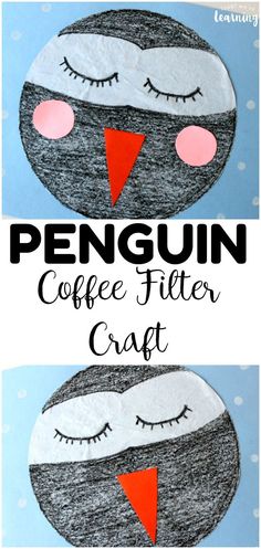 the penguin coffee filter craft is made with felt and paper, it's eyes are closed