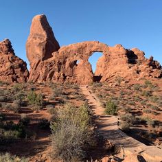 an arch shaped rock formation in the desert with a path leading to it and bushes growing on both sides