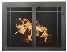 an open fire door with flames coming out of the top and bottom doors on both sides