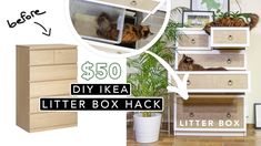 an image of a cat in a box with the words $ 50 diy ikea litter box hack