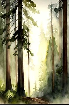 a painting of some trees in the woods