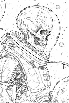 a black and white drawing of an astronaut with a skull on his chest, in space