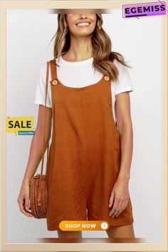 Pockets Solid Cotton-blend Casual Jumpsuit & Romper Brown Cotton Overalls For Summer, Brown Cotton Summer Overalls, Brown Cotton Jumpsuits And Rompers For Summer, Summer Brown Cotton Jumpsuits And Rompers, Brown Summer Jumpsuits And Rompers, Casual Brown Overalls For Summer, Brown Sleeveless Overalls For Summer, Casual Brown Jumpsuits And Rompers, Casual Brown Overalls For Spring