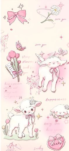 a drawing of some animals and flowers on a pink background