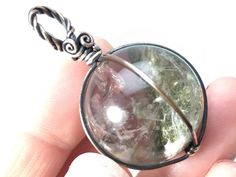 Lodolite Sphere Pendant: Green Phantom Picture Quartz Chlorite Gemstone Crystal Ball Wire-Wrapped, H Crystal Ball Bracelet, Wire Wrap Sphere, Wire Wrapped Sphere, Wire Ideas, Crystal Ball Necklace, Pendant Tutorial, Wrap Ideas, Wire Wrapping Crystals, Phantom Quartz