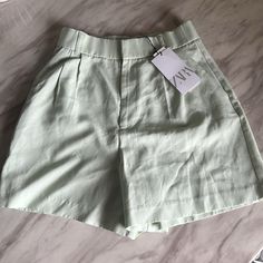 High Waisted. New With Tags. Pastel Mint Green. Size S Solid Color Shorts For Summer Workwear, Solid Wide Leg Shorts For Spring, Spring Solid Color Wide Leg Shorts, Solid Color Wide-leg Shorts For Spring, Spring Wide-leg Shorts, Green Zara Shorts For Spring, Zara Green Short Bottoms, Zara High Waist Spring Shorts, Zara High-waist Spring Shorts