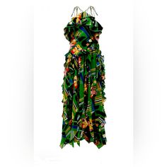 Gucci Green Floral Check-Print Ruffled Silk-Crepe Gown Ornamental Green Silk-Crepe Gown, Capturing The Gucci's Talent For Richly Textured And Patterned Eveningwear. Depicting Contrasting Florals, Graphic Checks And The House's Signature Logo Lettering, It's Crafted In Italy To A Retro Halterneck Silhouette And Imbued With Cascading Layers Of Ruffled Panels To Create Elegant Movement. Color: Green 100% Silk Made In Italy Cascading Layers, Gucci Dresses, Crepe Gown, Green Silk, Silk Crepe, Asymmetrical Dress, Signature Logo, Evening Wear, Checks