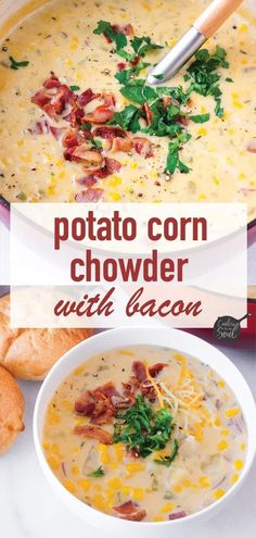 a bowl of potato corn chowder with bacon