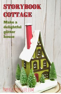 Green Storybook Cottage Glitter house with a snowy roof and surrounded little bottlebrush trees Cricut Christmas Houses, Diy Putz House Templates, Fairy House Template, Cardboard House Template, Puts Houses, Gingerbread House Template Printable, Pottery Templates