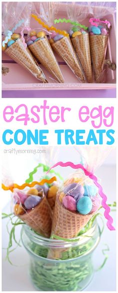 an easter egg cone treat is in a bowl with eggs and candy on it, along with the words easter egg cone treats