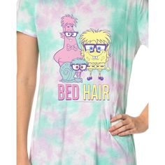 Crafted with care and featuring everyone's sponge from Bikini Bottom this nightgown is designed to keep you comfortable and snug all night long. The cute pajama nightgown features SpongeBob SquarePants, Patrick Star, and Gary the Snail with the words "Bed Hair". The pajama is a soft 100% cotton fabric blend, crafted with soft breathability in mind. These are the best! Comfortable Multicolor Sleepwear For Pajama Party, Casual Multicolor Nightgown For Pajama Party, Casual Multicolor Nightgown For Loungewear, Casual Multicolor Nightgown For Bedtime, Casual Multicolor Nightgown For Sleep, Fun Graphic Print Sleepwear For Pajama Party, Fun Short Sleeve Sleepwear For Sleepover, Fun Short Sleeve Sleepwear For Pajama Party, Green Graphic Print Sleepwear For Loungewear