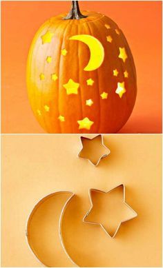 three different pumpkins with the moon and stars cut out