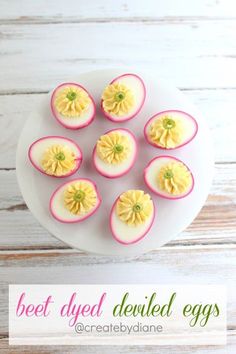 small pieces of fruit are arranged on a white plate with the words beet - shaped eggs above it