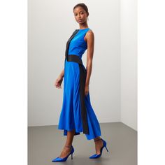 Blue satin (100% Silk). Lining (100% Silk). A-line. Sleeveless. Boat neck. Back zipper closure. 53" from shoulder to hemline. Imported. Chic Silk A-line Sleeveless Dress, A-line Midi Dress With Bias Cut For Cocktail, A-line Midi Dress For Party With Bias Cut, Party A-line Midi Dress With Bias Cut, Silk A-line Midi Dress With Bias Cut, Sleeveless Blue Midi Dress With Bias Cut, A-line Bias Cut Midi Dress For Formal Occasions, Formal A-line Midi Dress With Bias Cut, Formal A-line Bias Cut Midi Dress