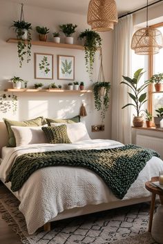 a bedroom with potted plants on the shelves above the bed and in front of the window