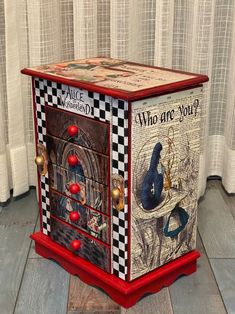 a wooden box with an image of alice and the wonderland book on it