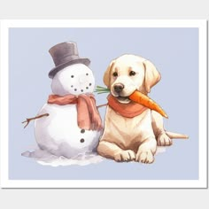 a dog is sitting next to a snowman with a carrot in it's mouth