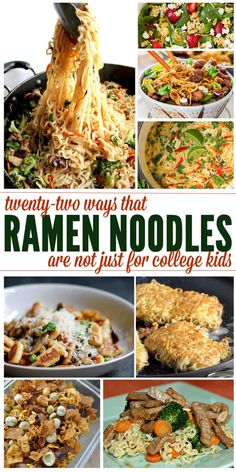 there are many different pictures of food that include ramen noodles and other things to eat