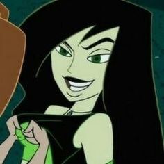 an animated image of a woman with long black hair and green eyes, smiling at the camera