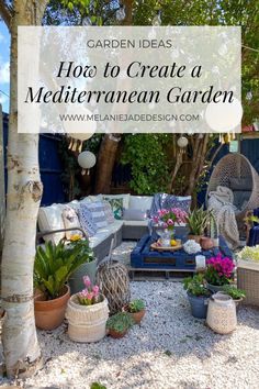 an outdoor seating area with plants and potted plants