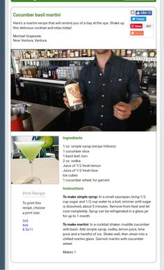 an image of a man holding a drink in front of a bar with the caption'cucumber basil martini '