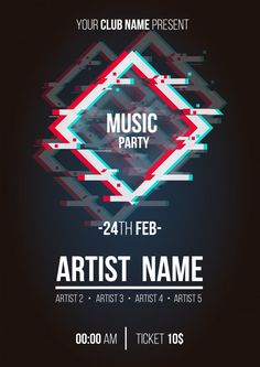 an event poster for music party with geometric shapes and lines on it, including the words'24th feb - artist name '