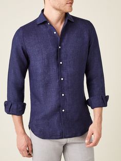 LUCA FALONI | PORTOFINO LINEN SHIRT | MADE IN ITALY Blue Linen Shirt Men, Summer Linen Shirt, Casual Wedding Attire, Blue Linen Shirt, Portofino Shirt, Navy Blue Linen, Guest Attire, Linen Shirt Men, Wedding Attire Guest