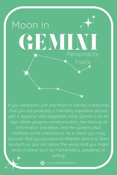 a green background with the words moon in gemini on it and an image of a