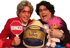 the queen of bingo and her husband are posing for a photo with their doll