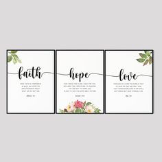 three printable cards with the words faith, hope and love