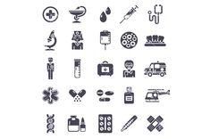 Set of Black Medical Icons Isolated on White. Vector Illustration. Nurse and Doctor, Caduceus Symbol, Ambulance Car, Helicopter, Blood Donation, Medical Laboratory, Pharmacy Pills and Drugs Hexagon Tattoo