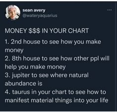 the text reads, money $ 5 in your chart 1 2nd house to see how you make money 2 8th house to see how