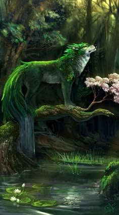 a painting of a wolf standing on a tree branch in the woods with flowers and water