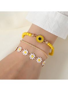 3pcs Bohemian Vintage Shiny Caterpillar Chain With Chrysanthemum Pendant Women's Bracelet Set Yellow Gold    Iron     Women Fashion Jewelry, size features are:Bust: ,Length: ,Sleeve Length: Beaded Sunflower, Ideas Pulseras, Sunflower Accessories, Sunflower Bracelet, Sunflower Daisy, Anklet Set, Summer Beach Jewelry, Bracelet Summer, Gold Collar