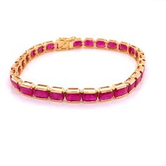 18K Gold Ruby 6x4 MM Octagon Tennis Line Bracelet Luxury Ruby Baguette Cut Jewelry, Classic Ruby Gemstone Tennis Bracelet, Luxury Emerald Cut Ruby Jewelry, Ruby Gemstone Tennis Bracelet In Fine Jewelry Style, Luxury Ruby Jewelry With Rectangular Shape, Luxury Ruby Jewelry In Rectangular Shape, Luxury Ruby Rectangular Jewelry, Luxury Rectangular Ruby Jewelry, Luxury Emerald Cut Lab-created Ruby Jewelry